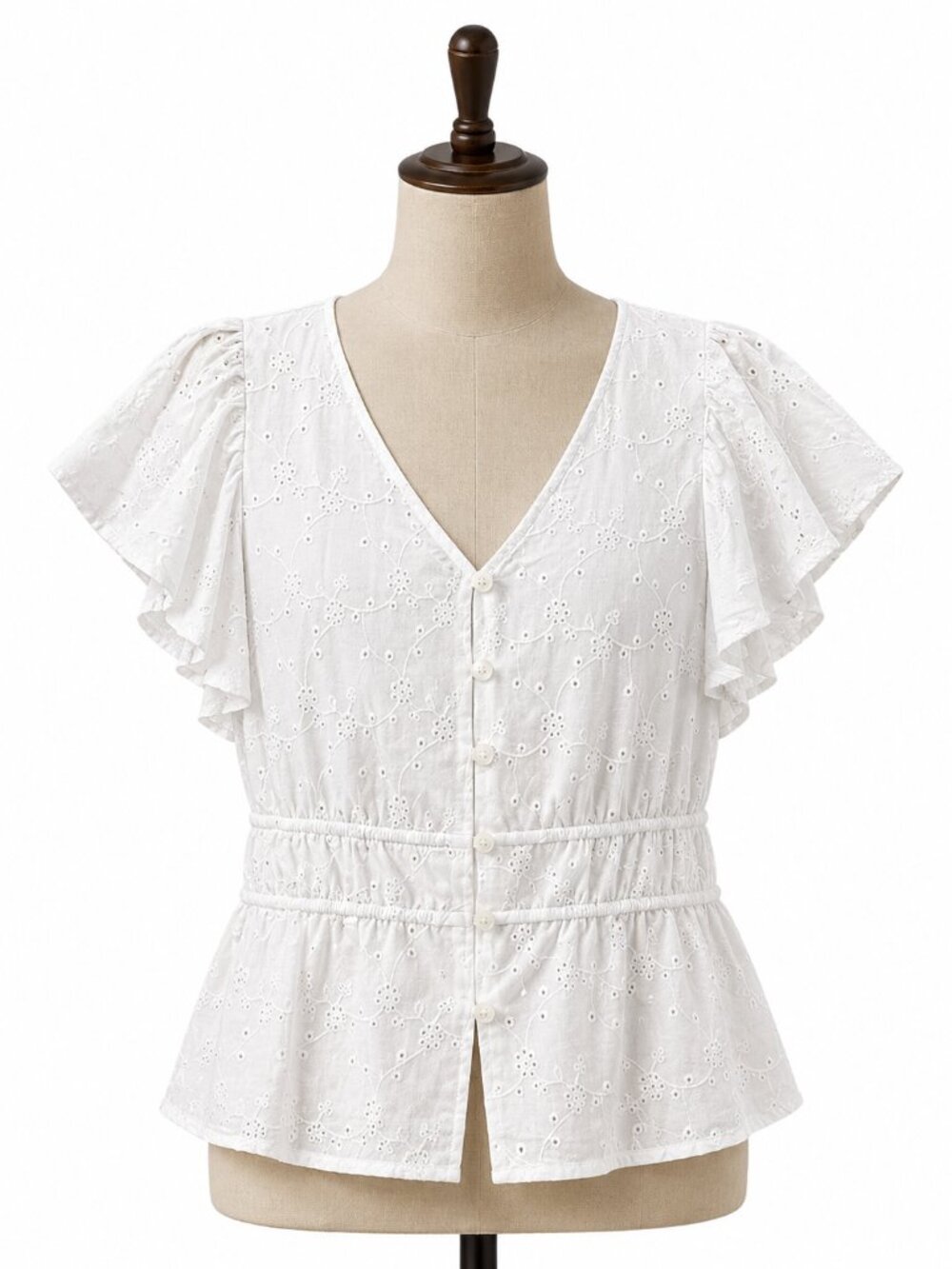White Eyelet Peplum Blouse Flutter Sleeve Size M (8/10) - Picture 2 of 9